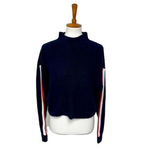 DIVIDED navy cropped long sleeved knit mock neck sweater striped sleeves OS